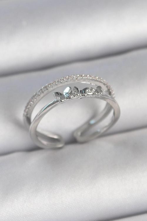 Pirinç Gümüş Renk 2'Li Zirkon Taş Detaylı Kelebek Figür Ayarlanabilir Model Kadın Yüzük