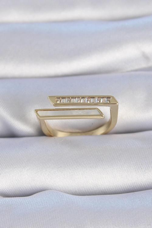 Pirinç Gold Renk Zirkon Taşlı Beyaz Sedef Detay Kadın Yüzük