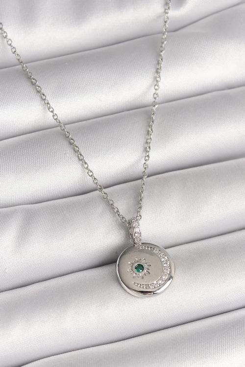 316L Çelik Gümüş Renk Zincir Madalyon Zirkon Taşlı İşlemeli Hilal Yıldız Model Kadın Kolye