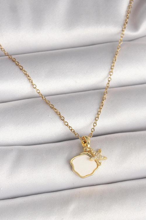 316L Çelik Gold Renk Zincir Sallantı Beyaz Mineli Deniz Kabuğu Zirkon Taşlı Deniz Yıldızı Figür Kadı