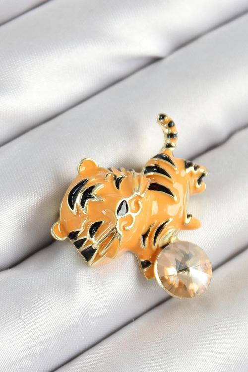 Zirkon Taşlı Siyah Çizgili Turuncu Kaplan Figürlü Gold Renk Kadın Broş