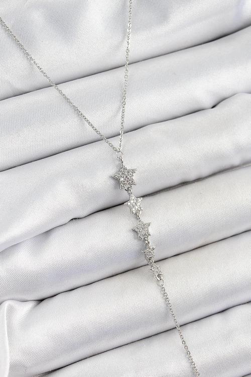 Pirinç Zirkon Taşlı Sıralı Yıldız Figürlü Y Model Gümüş Renk Kadın Kolye