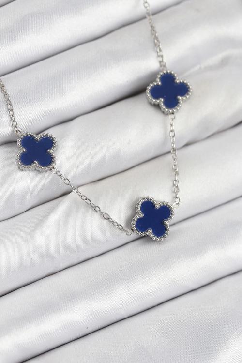 316L Çelik Zincir Gümüş Lacivert Renk Yonca Kadın Kolye