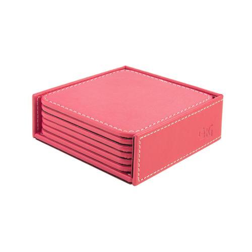 Bardak Altlığı,6’lı Set,Masaüstü Kare Cup Coaster,Vegan Suni Deri,11x11 cm.,Fuşya