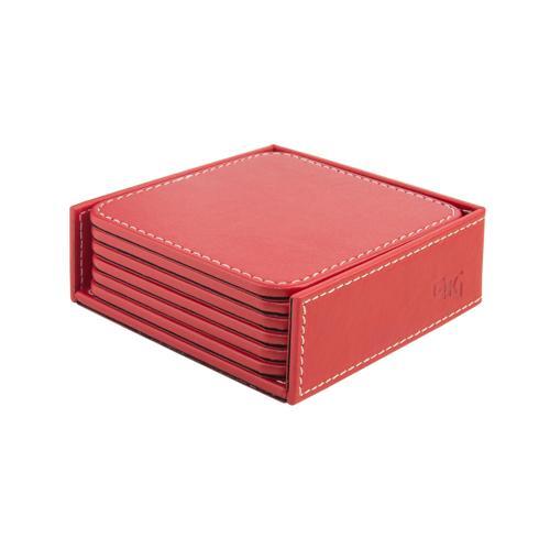 Bardak Altlığı,6’lı Set,Masaüstü Kare Cup Coaster,Vegan Suni Deri,11x11 cm.,Kırmızı