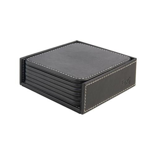 Bardak Altlığı,6’lı Set,Masaüstü Kare Cup Coaster,Vegan Suni Deri,11x11 cm.,Siyah