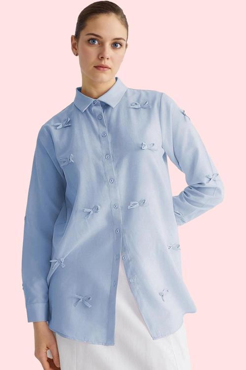 Kadın Fiyonk Detaylı Dokuma Gömlek Rahat Kesim Yaz Aylarının Vazgeçilmezi Günlük Kombinler