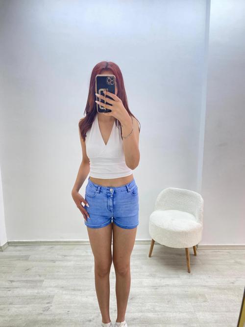 Yüksek Bel Jean Şort Mavi