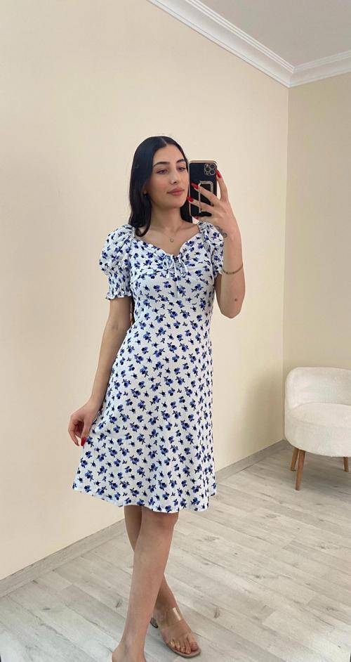 Kolu Gipeli Bürümcük Elbise Mavi Çiçekli
