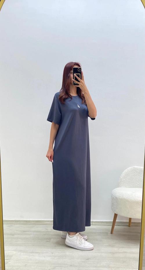 Kuş Baskılı Elbise Füme