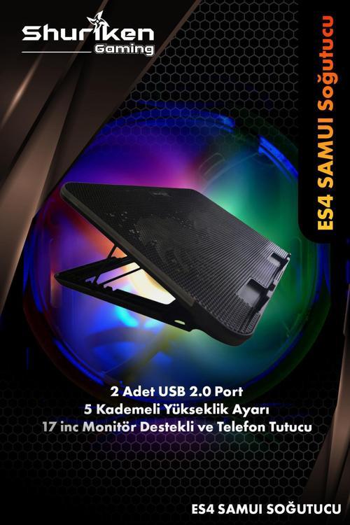 Es4-Samuı Laptop Soğutucu Stant 5 Kademeli - 2 Fan - Rgb - 2 Port Usb (15>17")