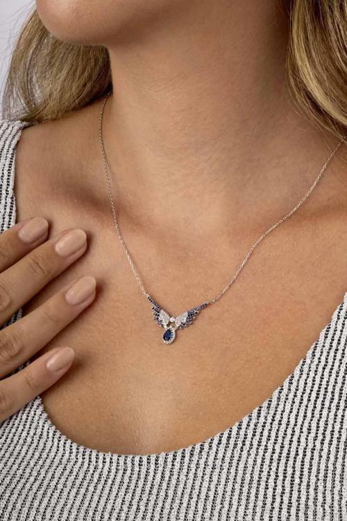 Lacivert Taşlı  Melek Kanadı 925 Ayar Gümüş Kadın Kolye