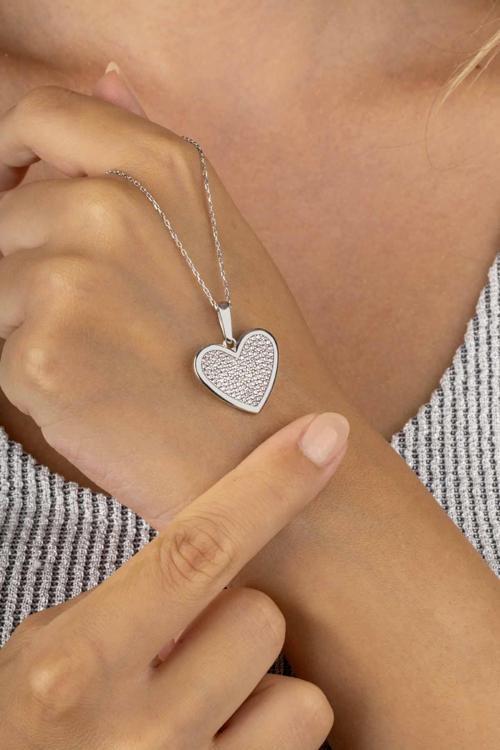 Beyaz Altın Kaplama Taşlı Kalp 925 Ayar Gümüş Kadın Kolye