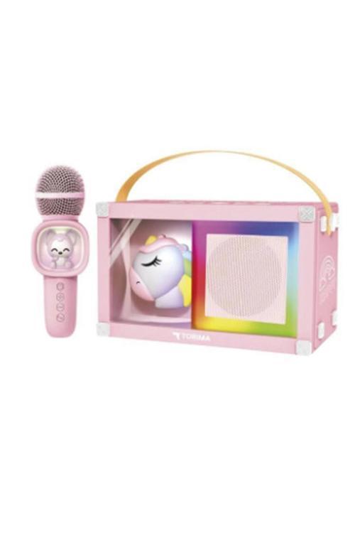 Taşınabilir Rgb Işılı Sevimli Figürlü Mikrofonlu Karaoke Bluetooth Hoparlör Pembe