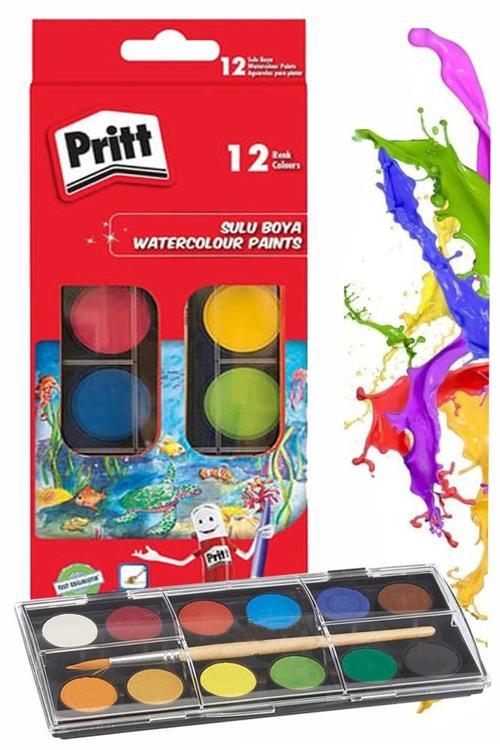 12 Renk Sulu Boya 1 Paket Fırça Hediyeli 12 li Pritt Suluboya Canlı Renkler 28 mm Boya Çapı Büyük Boy