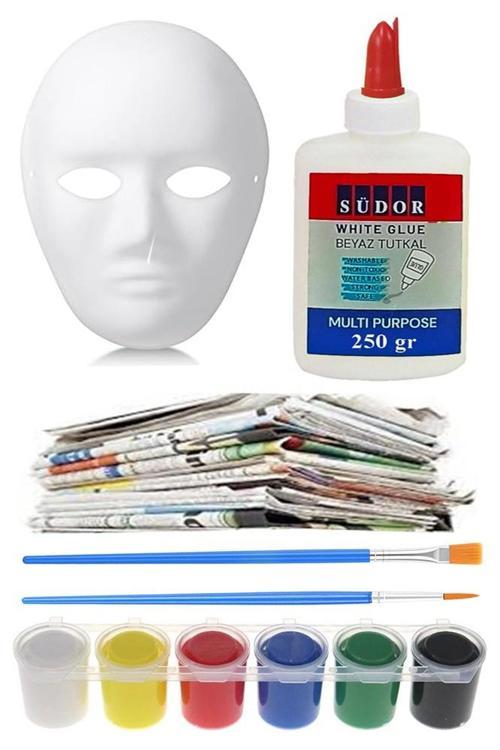 Karton Maske Yapım Seti 1 Adet Karton Maske Beyaz Tutkal Eski Gazete Akrilik Boya Resim Fırçası Kağıt Hamurundan Maske