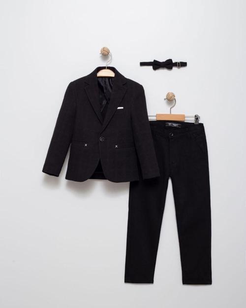 Erkek Çocuk Keten Spor Blazer Ceket, Pantolon ve Papyon Erkek Çocuk Takım Elbisesi - Siyah 4414