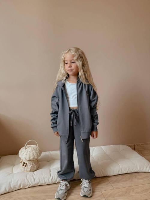 Kız Çocuk Fermuarlı Eşofman Takımı - Gri  Renk (2'li Set) 0108