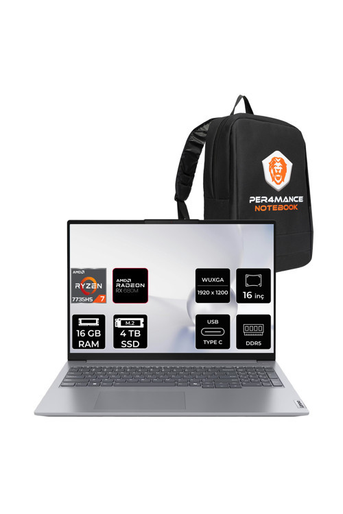 ThinkBook 16 G7 R7 7735HS 16GB DDR5 4TB SSD 16'' WUXGA FDOS Dizüstü Bilgisayar & Laptop & PER4 ÇANTA
