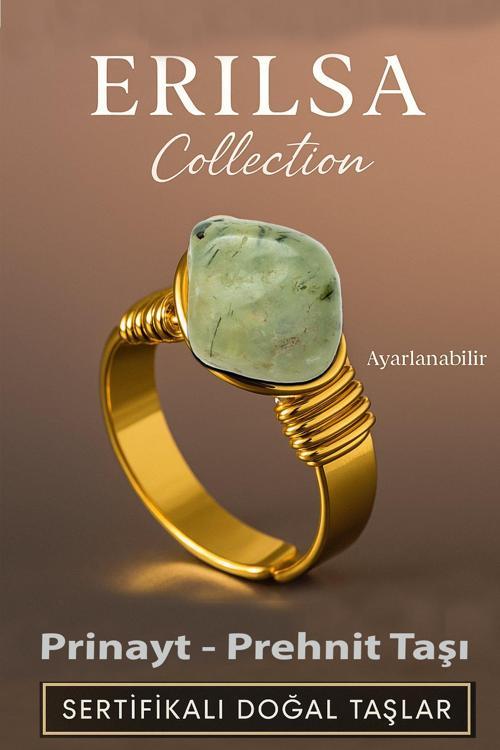 Sertifikalı Doğal Prehnit Prinayt Taşı Yüzük – Kalın Tımbıl Kasa Gold Renk Ayarlanabilir