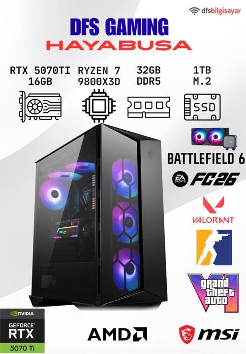 DFS GAMING HAYABUSA RYZEN 7 9800X3D-B650M-RTX 5070 TI 16GB-32GB DDR5 RAM-1TB M.2 SSD-OYUNCU BİLGİSAYARI