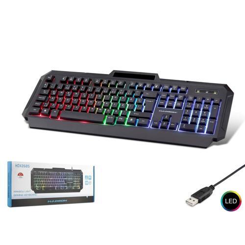HDX2605 Türkçe-Q FN Multimedia Gökkuşağı Ledli Telefon Standlı 1.40mt USB Kablolu Oyuncu Klavyesi - Siyah