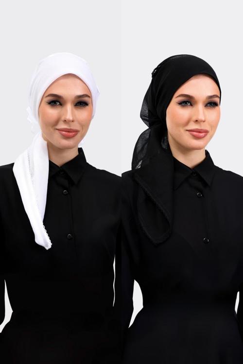 2 Adet İç Başörtüsü %100 Pamuklu Siyah Beyaz Tülbent - Kenarları Oyalı 90X90 Kadın Tesettür