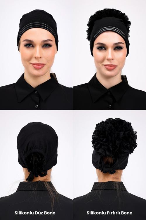 2Li Siyah Kaymaz Fırfırlı Ve Düz Silikonlu Bone Seti - Kadın Tesettür İç Bone