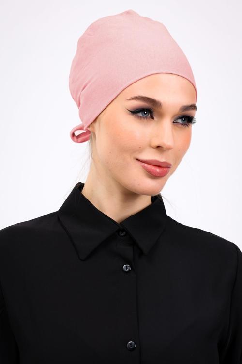 Düz Dikişsiz Penye Bone Pudra - Kadın Tesettür Bağlamalı İç Bone Pembe
