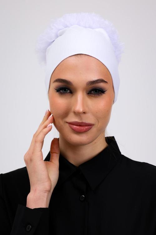 Fırfırlı Dikişsiz Penye Bone Beyaz- Kadın Tesettür Bağlamalı Topuz İç Bone