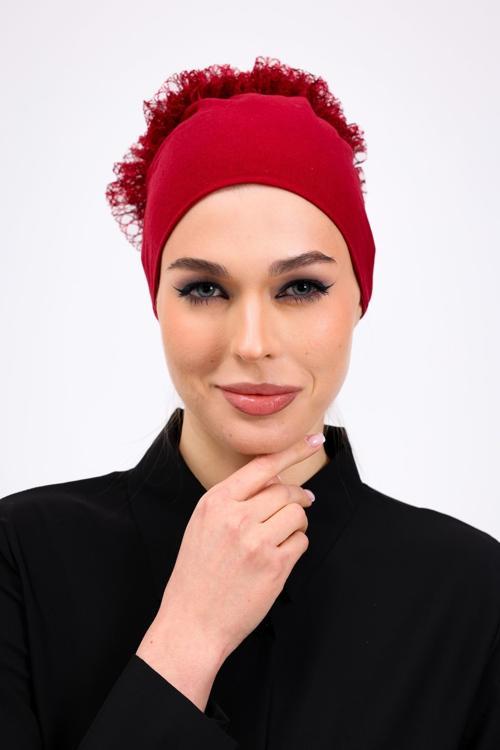 Fırfırlı Dikişsiz Penye Bone Bordo - Kadın Tesettür Bağlamalı Topuz İç Bone