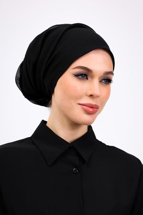İç Başörtüsü %100 Pamuklu Siyah Tülbent - Kenarları Oyalı 90X90 Cm Kadın Tesettür Yazma Başörtü