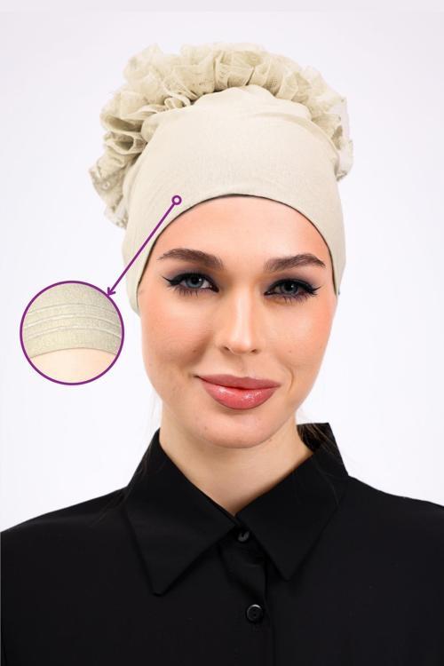 Kaymayan Fırfırlı Silikonlu Dikişsiz Bone Krem - Kaymaz Kadın Tesettür Bağlamalı İç Bone