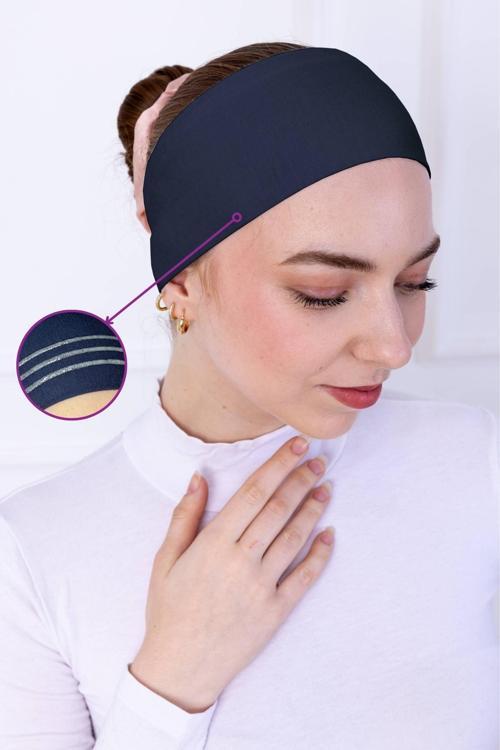 Kaymayan Silikonlu Bandana Bone Lacivert - Kadın Tesettür Dikişsiz Kaymaz Geçme - Sportif Saç Bandı