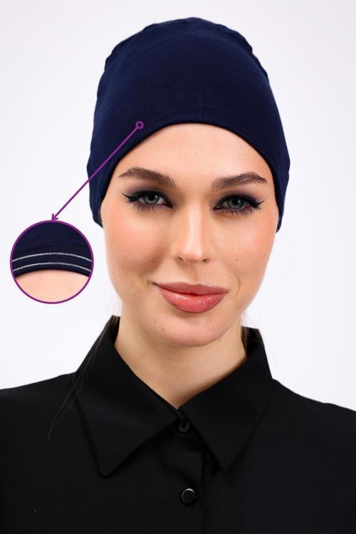 Kaymayan Silikonlu Dikişsiz Bone Lacivert - Kaymaz Kadın Tesettür Bağlamalı İç Bone