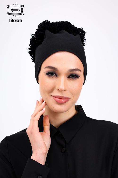 Likralı Fırfırlı Dikişsiz Siyah Bone - Kadın Tesettür Bağlamalı Topuz İç Bone Viskon