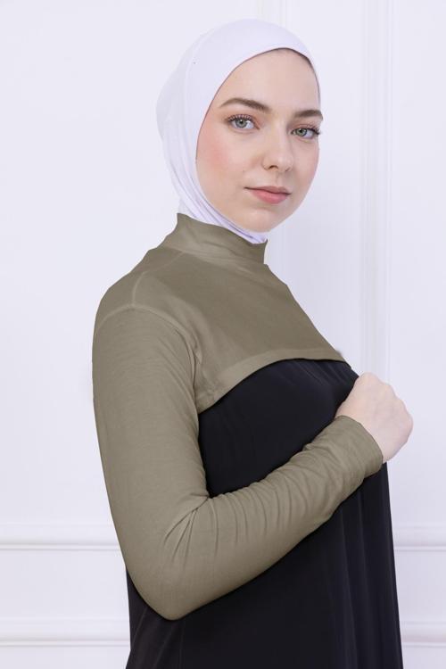 Balıkçı Yaka Boyunluklu Kolluk Açık Yeşil - Likralı Dik Yakalı Kadın Body Tesettür Crop Bolero