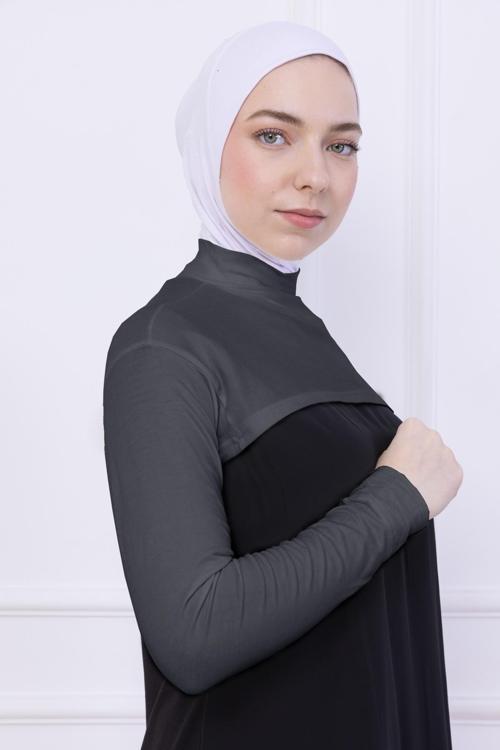 Balıkçı Yaka Boyunluklu Kolluk Gri - Likralı Dik Yakalı Kadın Body Tesettür Crop Bolero