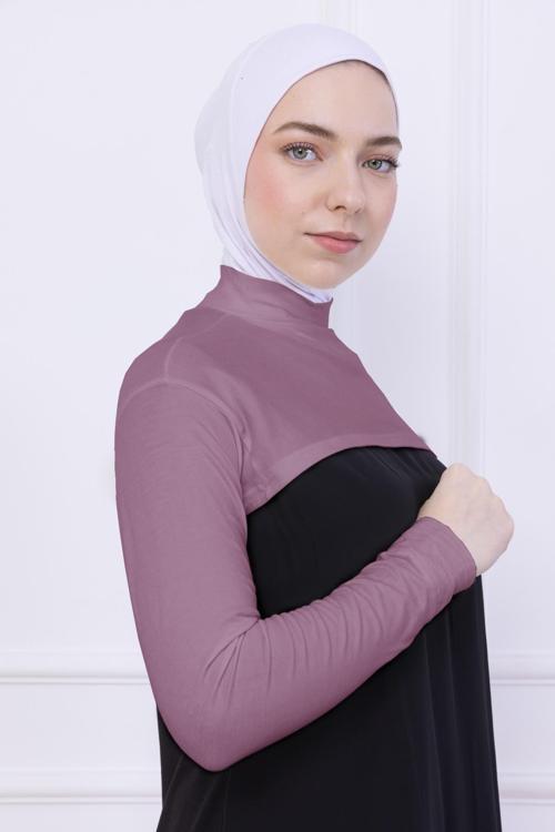 Balıkçı Yaka Boyunluklu Kolluk Gül Kurusu Pembe - Likralı Dik Yakalı Kadın Body Tesettür Crop Bolero