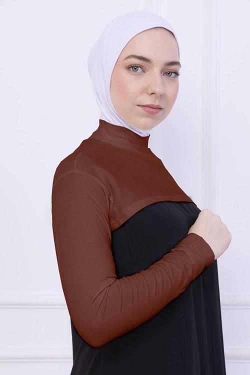 Balıkçı Yaka Boyunluklu Kolluk Kiremit - Likralı Dik Yakalı Kadın Body Tesettür Crop Bolero