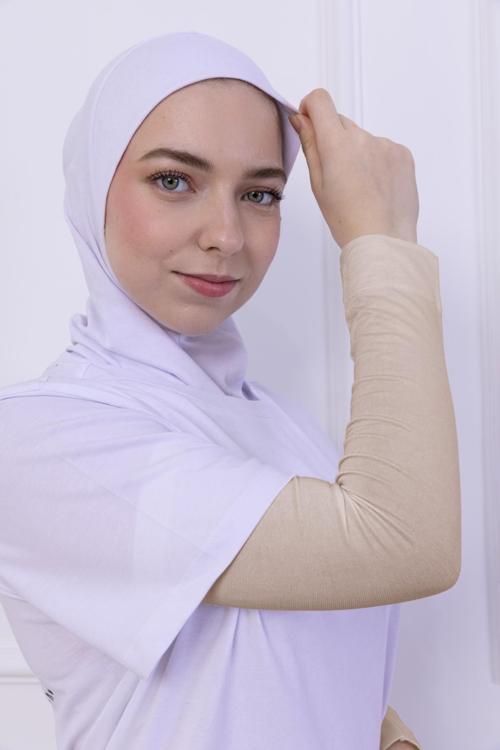 Likralı Penye Kolluk Açık Bej - Pratik Kadın Tesettür Düz Namaz Kolluğu 1 Çift 40Cm Viskon Hijab
