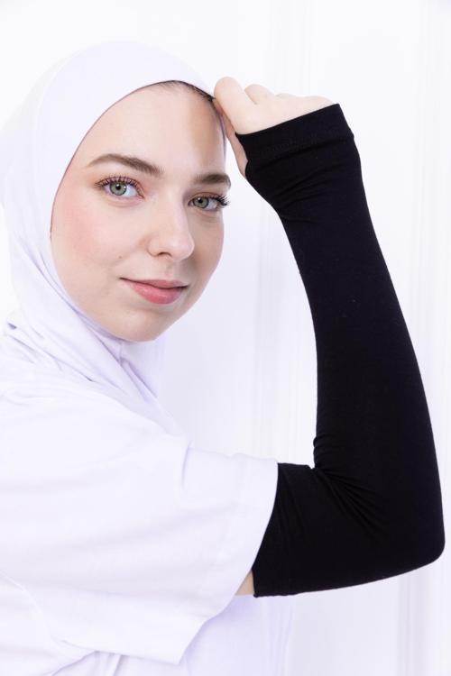 Parmak Geçmeli Likralı Kolluk Siyah - Kadın Tesettür Düz Namaz Kolluğu 1 Çift Viskon Hijab