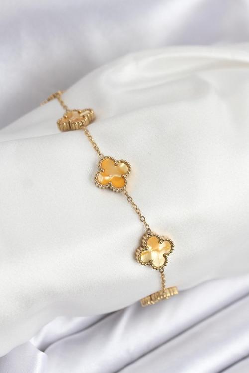 316L Çelik Gold Zincir Sarı Yonca Bileklik 7906