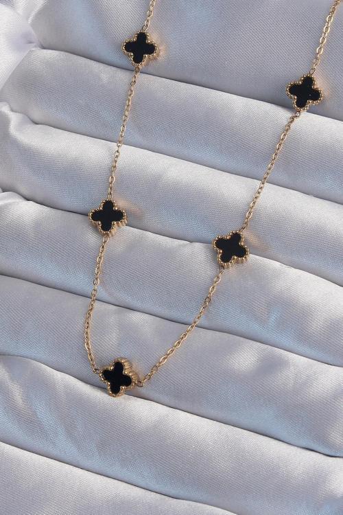 316L Çelik Gold Renk Minimal Siyah Mineli Yonca Kolye 9004