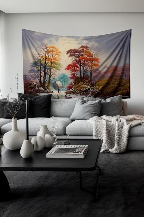 Kış Sonu Desenli Duvar Halısı Duvar Örtüsü Tapestry Süet Dokulu Kumaş