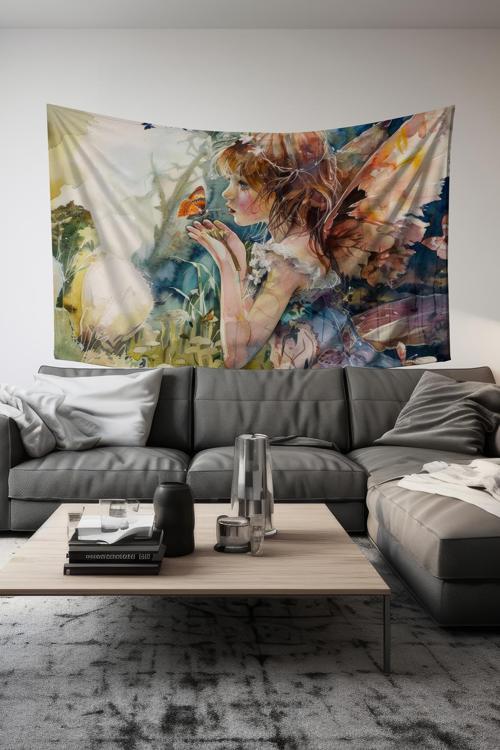 Peri Ve Kelebek Desenli Duvar Halısı Duvar Örtüsü Tapestry Süet Dokulu Kumaş