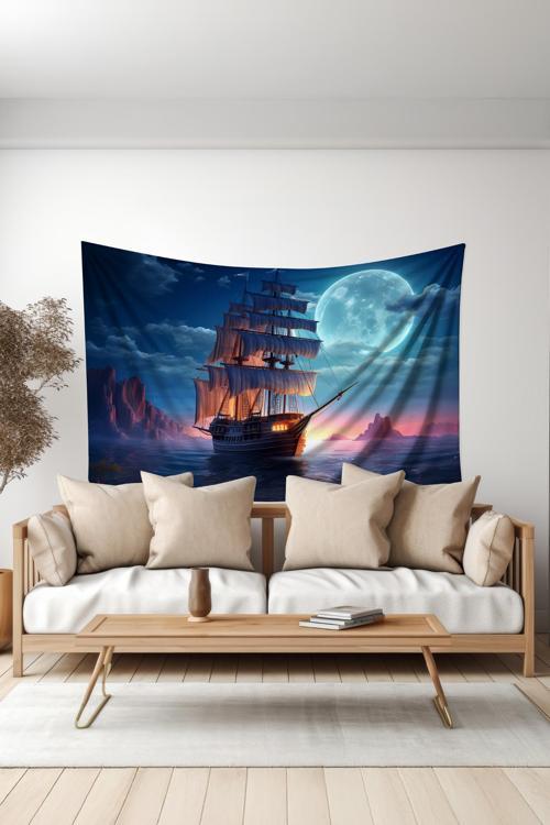 Ay Işığı Yelkenli Desenli Duvar Halısı Duvar Örtüsü Tapestry Süet Dokulu Kumaş