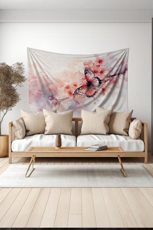 Çiçek Dalı Ve Kelebek Desenli Duvar Halısı Duvar Örtüsü Tapestry Süet Dokulu Kumaş