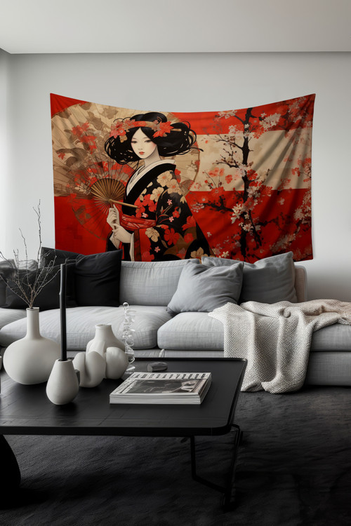 Sakura Güzelliği Desenli Duvar Halısı Duvar Örtüsü Tapestry Süet Dokulu Kumaş