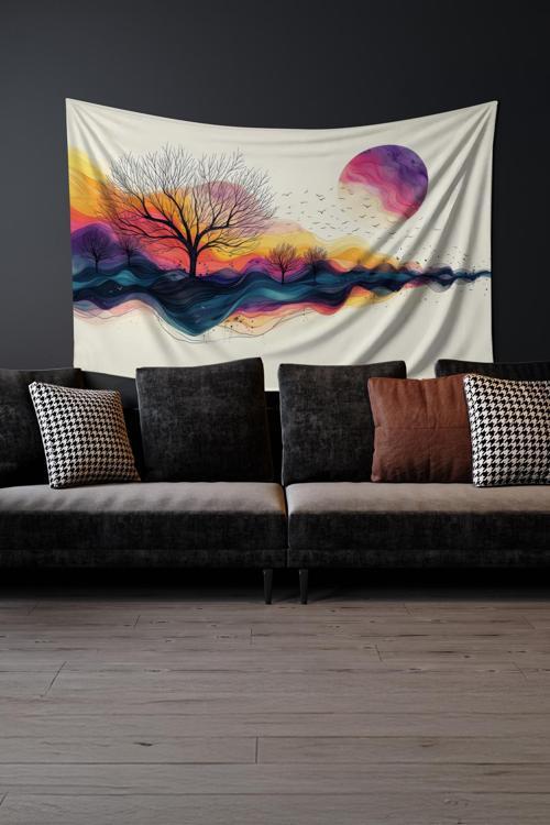 Renkli Gün Batımı Desenli Duvar Halısı Duvar Örtüsü Tapestry Süet Dokulu Kumaş